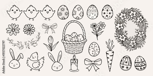 Hand drawn easter elements including chicks eggs flowers and a bunny