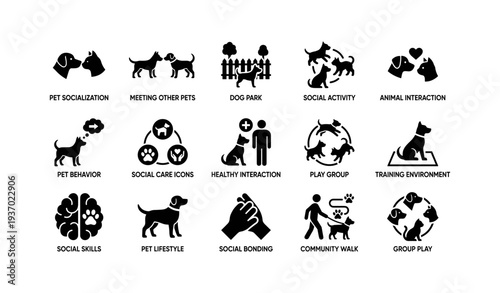 Pet interaction and care icons: socialization, training, and community activities