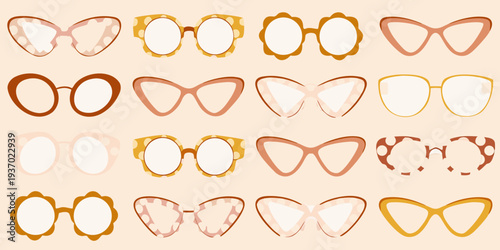 Collection of various colorful and stylized eyewear frames arranged neatly
