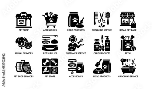Pet care icons: shop, accessories, food, grooming, services, retail