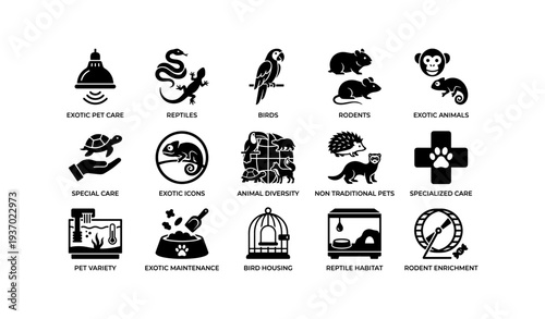 Exotic pet care icons: reptiles, birds, rodents, specialized animal needs