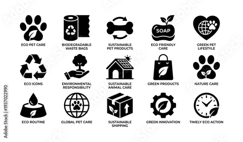 Sustainable pet care icons: eco products and green practices