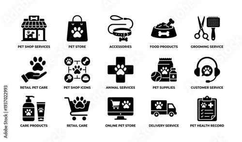 Pet shop icons: accessories, food, grooming, services, supplies