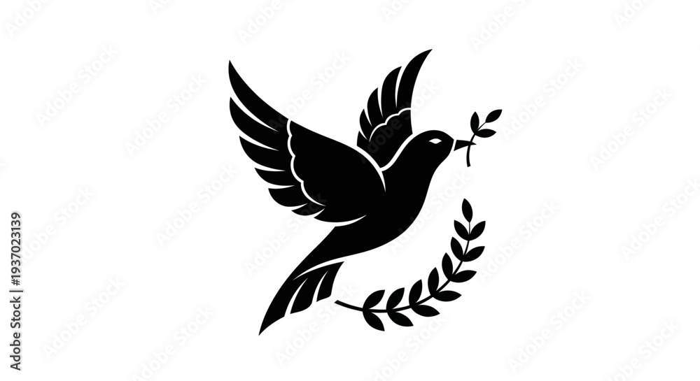 Fototapeta premium Flying dove with olive branch silhouette