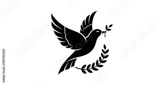 Flying dove with olive branch silhouette
