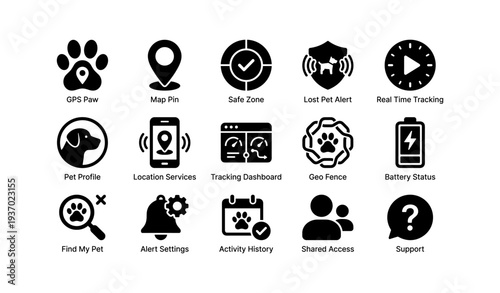 Pet tracking icons set: gps paw, map pin, safe zone, lost pet alert, real-time tracking