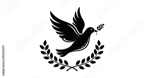 Flying dove with olive branch silhouette