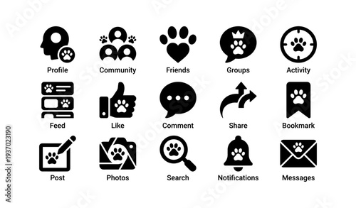 Pet-themed social media icons: profile, community, friends, notifications