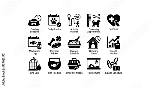 Pet care icons: feeding, grooming, schedule, vet visit, medication