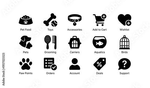 Pet care icons: food, toys, accessories, orders, support