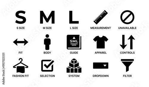 Size guide icons: apparel measurement and selection symbols