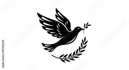 Flying dove with olive branch silhouette