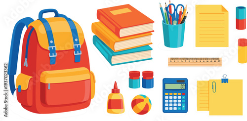 Colorful school supplies set featuring red backpack books calculator pencils scissors ruler and glue isolated on a clean white vector background.