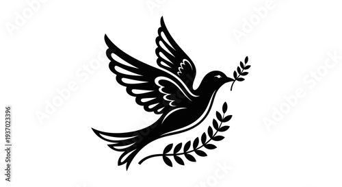 Flying dove with olive branch silhouette