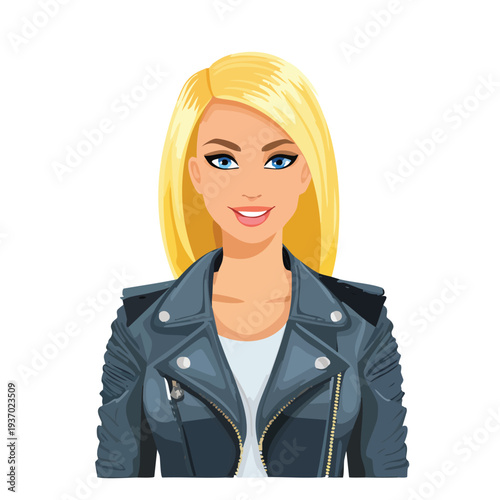 Woman with blond hair in a leather jacket smiling