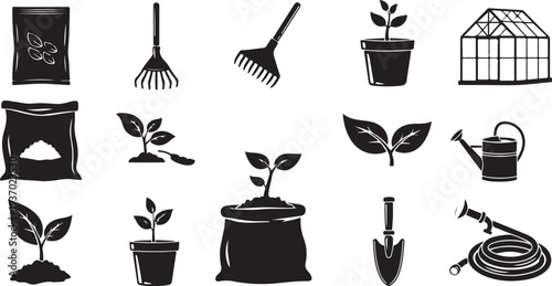 Gardening tools and plants icons in black and white