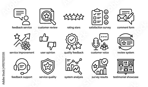Feedback and review icons set for service improvement and customer satisfaction analysis