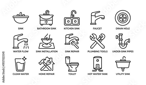 Plumbing icons: sinks, faucets, tools, pipes, water flow, toilet, hot water tank, repair
