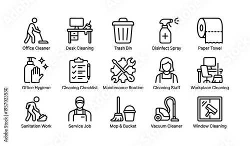 Office cleaning essentials: tools and symbols for workplace hygiene and maintenance