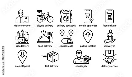 Delivery icons set featuring couriers and transportation elements