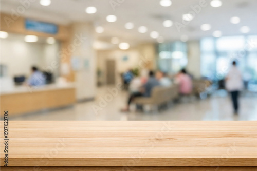 wooden top tbale with blurry backgorund hospital lobby