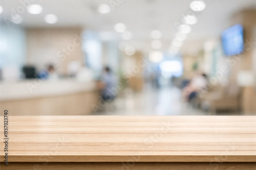 wooden top tbale with blurry backgorund hospital lobby