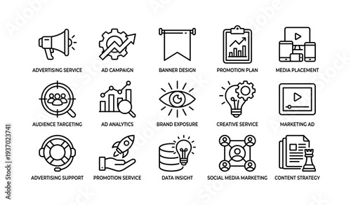 Black and white icons for advertising services and marketing campaign strategies