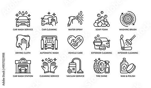 Car wash and cleaning icons: soap, water, vacuum, brush, wax