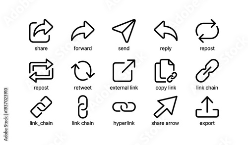 Icon set for sharing and linking: arrows, chains, hyperlinks