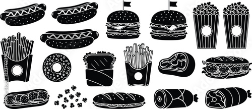 Fast food vector illustration, snack silhouette artwork, hamburger hotdog popcorn fries donut sandwich steak sausage baguette, food design concept, restaurant branding, culinary icon collection