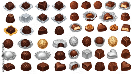 Chocolate treats with foil wrapping and different designs, detailed illustration of assorted chocolates for confectionery lovers and gift ideas.