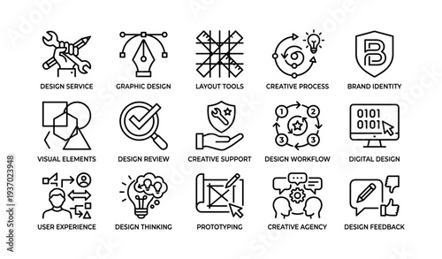 Creative design process icons: tools, workflow, support, prototype, feedback