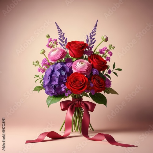 A stunning floral arrangement featuring vibrant red roses and other complementary blooms, beautifully tied together, perfect for romance and special occasions, celebration, texture, natural