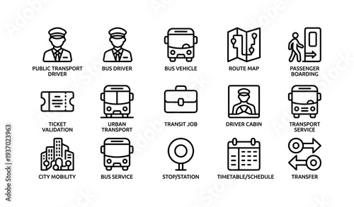Public transport icons set featuring drivers, vehicles, and route maps