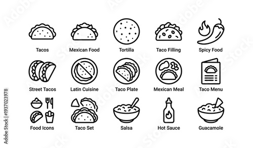 Mexican cuisine icons: tacos, tortilla, salsa, guacamole, spicy food