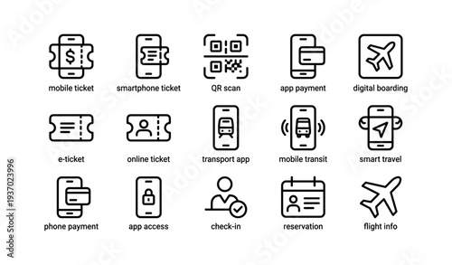 Travel app icons: mobile ticket, qr scan, app payment, digital boarding
