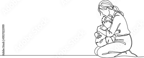 continuous line drawing of mother comforting sad child sitting on her lap, line art vector illustration