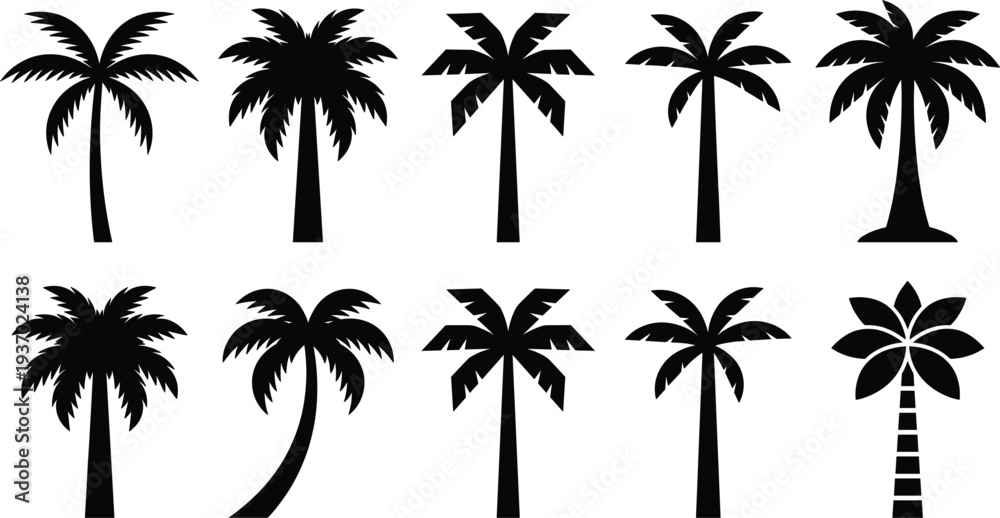 Fototapeta premium Set of tropical palm tree silhouette icons featuring different coconut palm shapes and styles, black botanical vector collection for summer beach design,