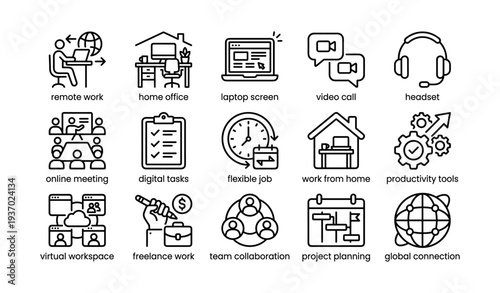 Icon set representing remote work and productivity tools