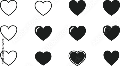 A collection of 12 black and white heart icons in various styles and fill patterns