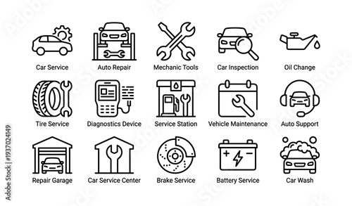 Car service icons: tools, repair, inspection, oil change, maintenance