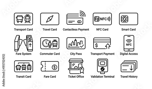 Comprehensive transport and payment card icons for travel and commuting