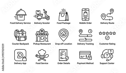 Food delivery icons set: scooter, app, tracking, order, rating, service