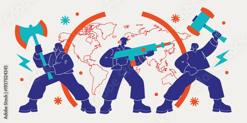 Figures wielding axes and firearms against a world map backdrop