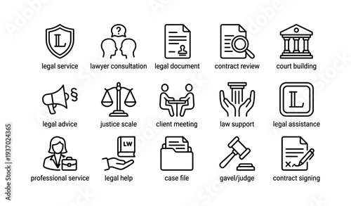 Legal service icons: consultation, documents, contract review, court building, advice, justice