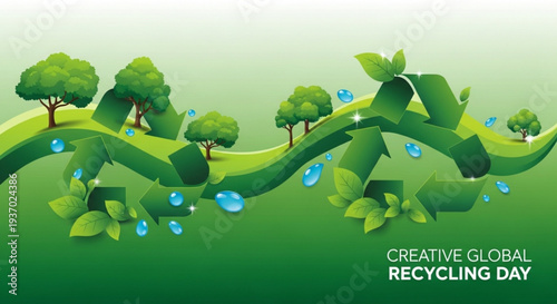 Eco friendly recycling symbol with green trees and leaves on a gradient background for creative global recycling day