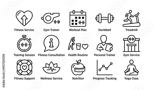 Fitness services icons: gym trainer, workout plan, personal trainer, wellness, nutrition
