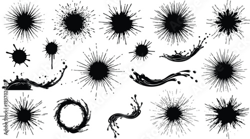 Collection of various black ink splashes spray paint splatters and starburst shapes with liquid droplets isolated on white vector background.