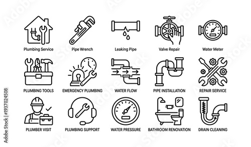 Plumbing icons set featuring tools, repairs, installations, and services