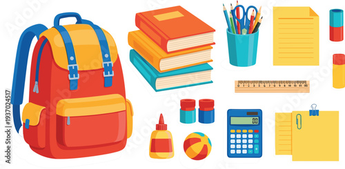 Colorful school supplies set featuring red backpack books calculator pencils scissors ruler and glue isolated on a clean white vector background.